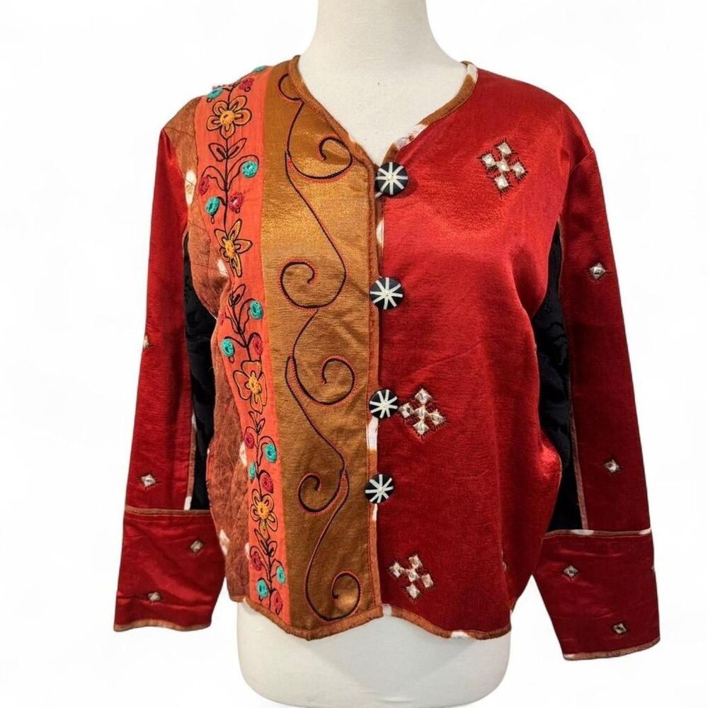 Flashback Embroidered Jacket Medium Orange Tan Floral Cross Boho Festival Indie